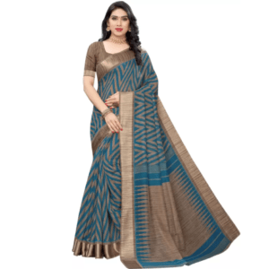 Printed Bollywood Linen Saree (Dark Blue, Pink)