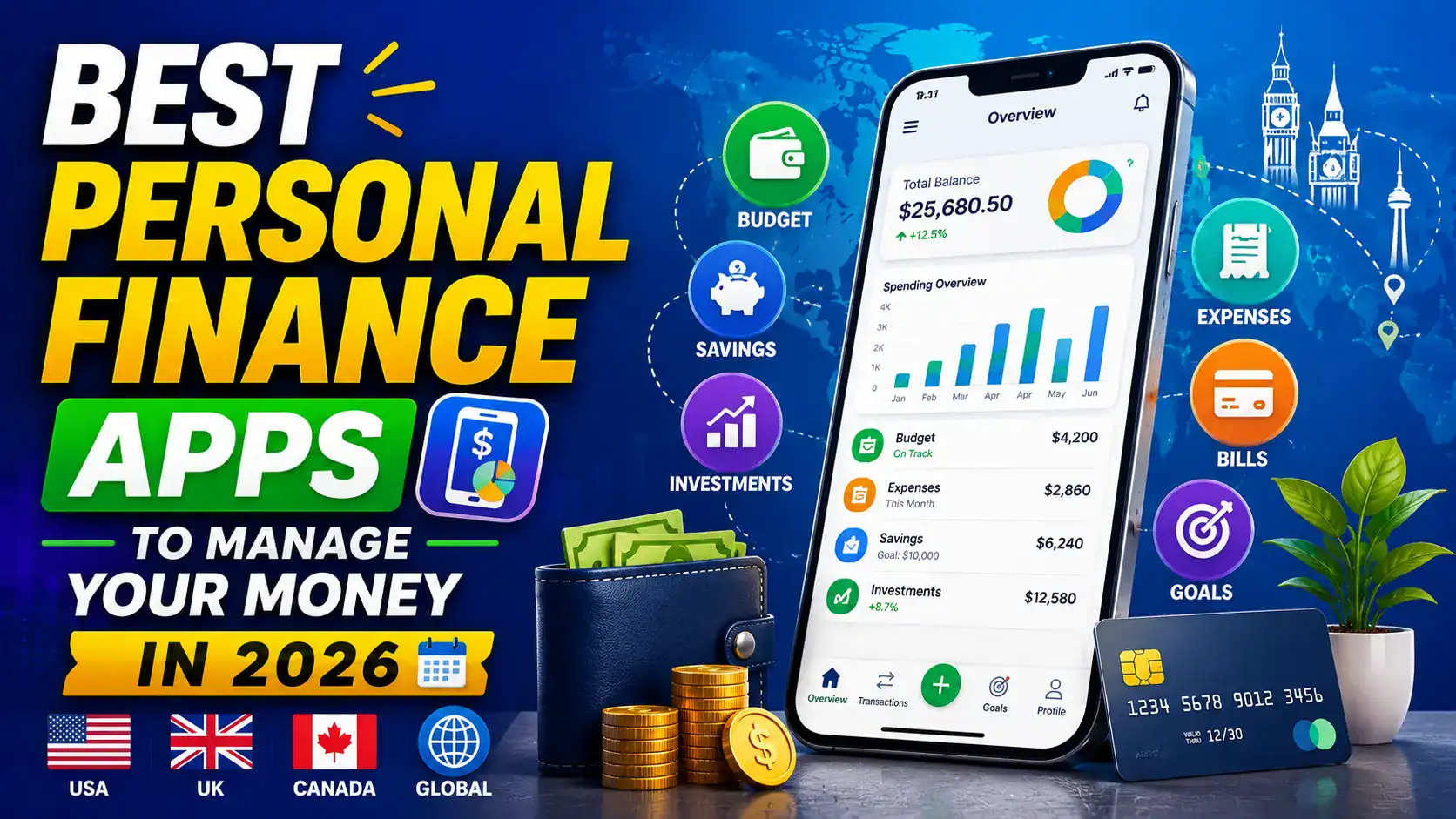 Smartphone displaying personal finance app with budget, savings, and expense tracking features.