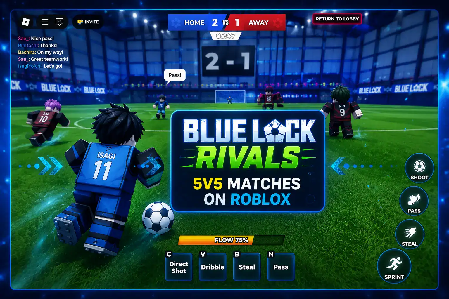 Blue Lock Rivals gameplay screenshot showing a 5v5 match on Roblox