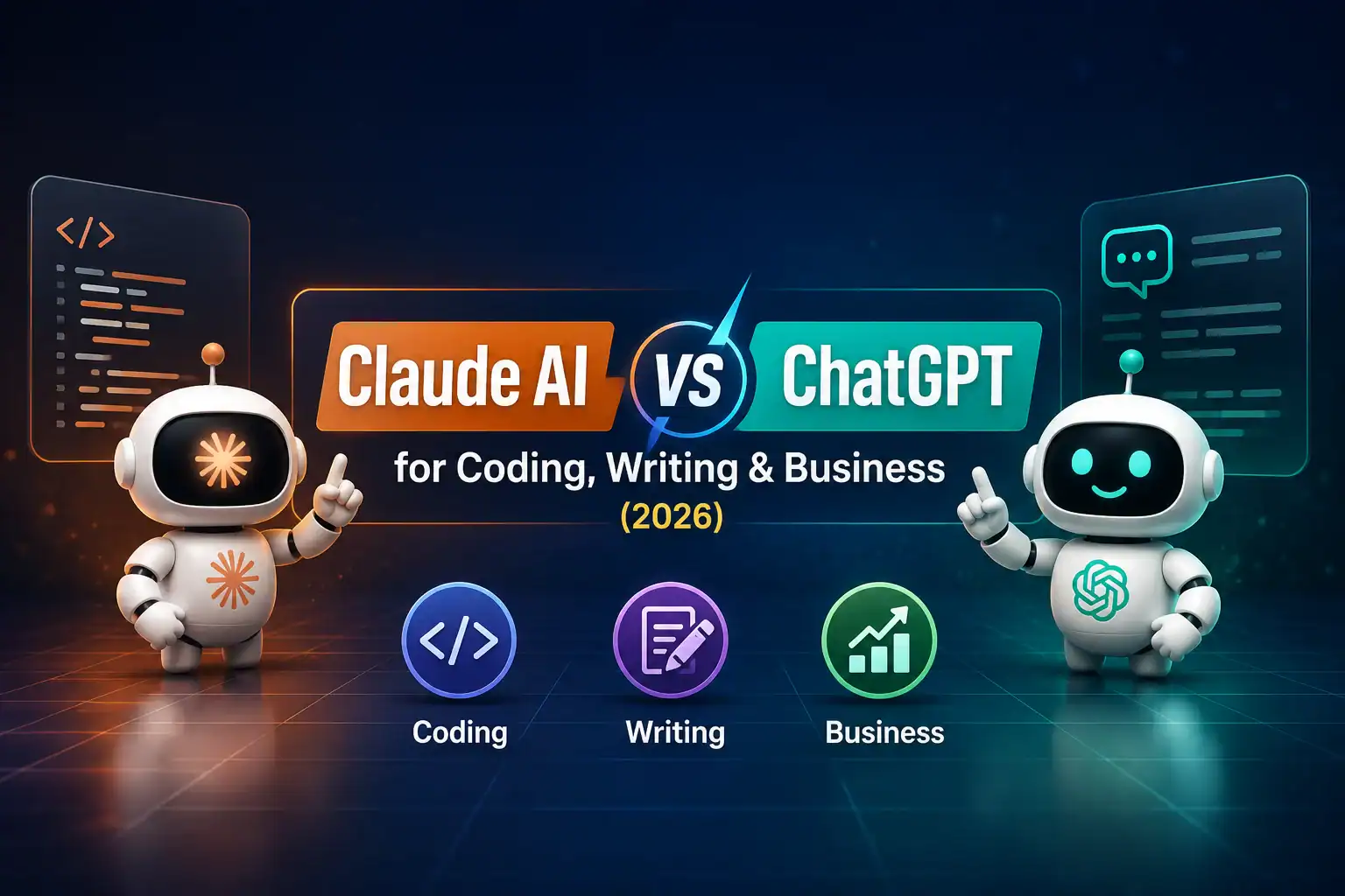 Comparison of Claude AI and ChatGPT for coding, writing, and business in 2026.